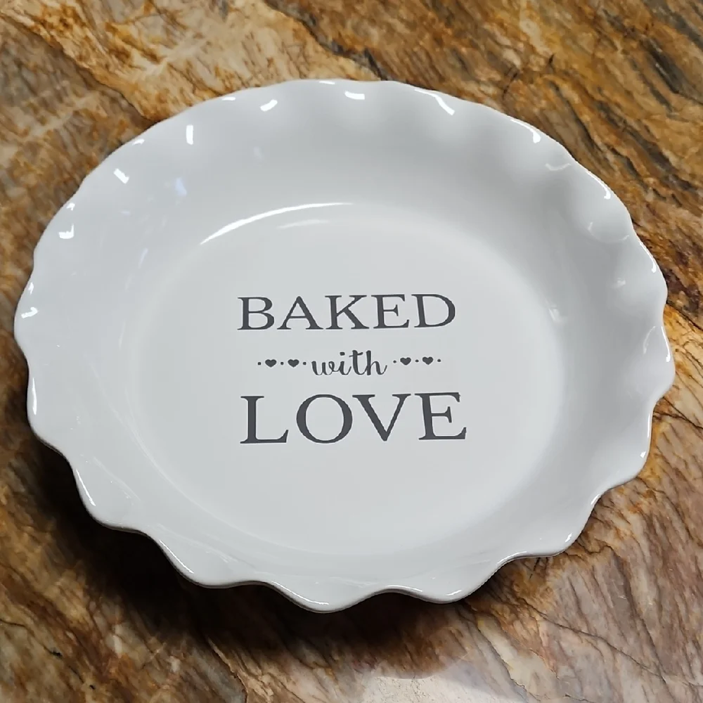 White Ceramic Pie Dish says Baked with Love